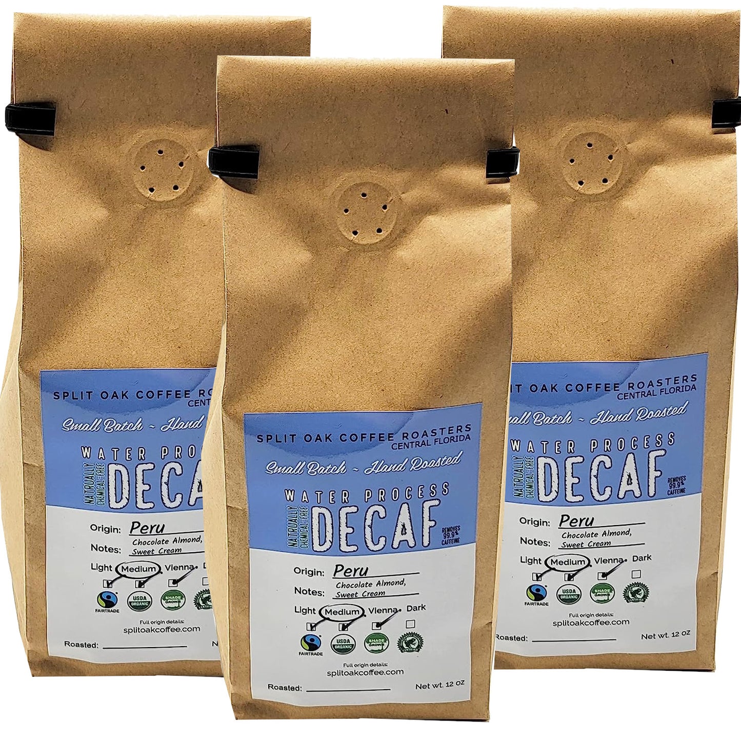 3 Pack Organic Decaf Coffee Medium Roasted Peru Coffee Whole Beans 12oz. Sweet Espresso Crema, Almond Flavored. Fair Trade