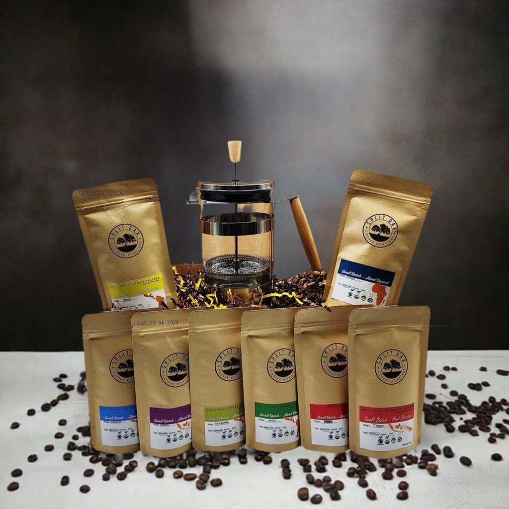 Coffee Gift Box Set 8 Assorted Coffees 2oz plus1 French Press Stainless Steel Glass Coffee Maker. Amazing coffees from all over the world