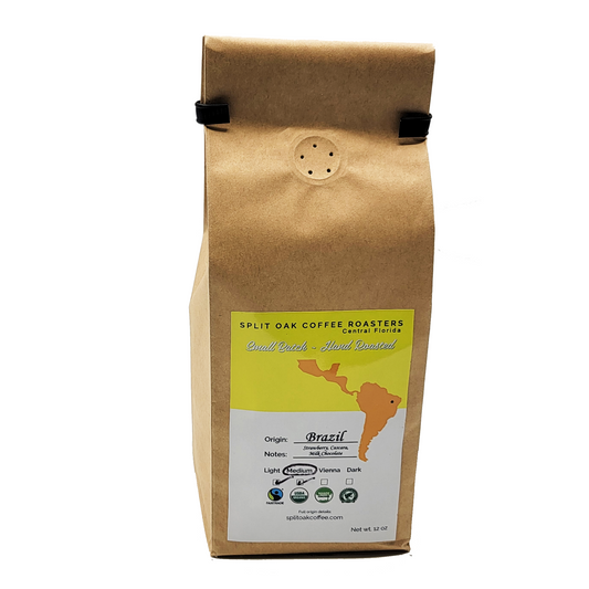 Medium Roasted Coffee Brazil Cerrado 12 oz Whole Beans with a deep, nutty flavor and hints of almond and cocoa.