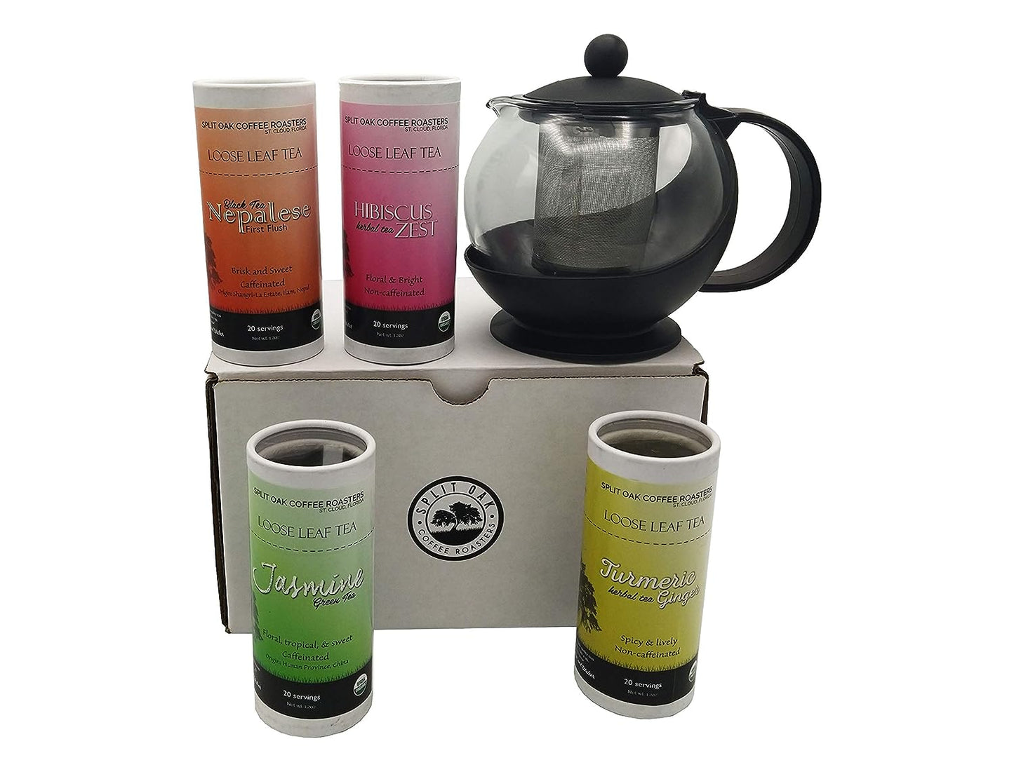 Tea Gift Box 4 Assorted Tea Cannisters + 1 Tea Pot Infuser