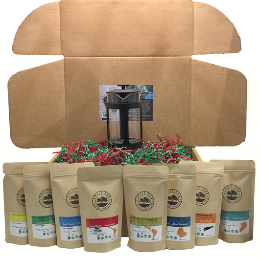 Coffee Gift Box Set 8 Assorted Coffees 2oz plus1 French Press Stainless Steel Glass Coffee Maker. Amazing coffees from all over the world