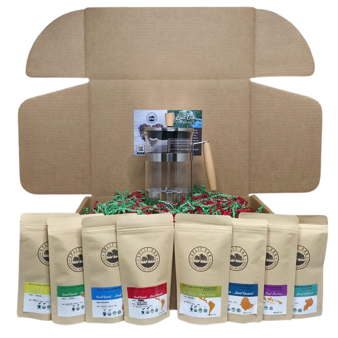 Coffee Gift Box Set 8 Assorted Coffees 2oz plus1 French Press Stainless Steel Glass Coffee Maker. Amazing coffees from all over the world