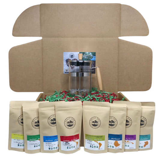 Coffee Gift Box Set 8 Assorted Coffees 2oz plus1 French Press Stainless Steel Glass Coffee Maker. Amazing coffees from all over the world