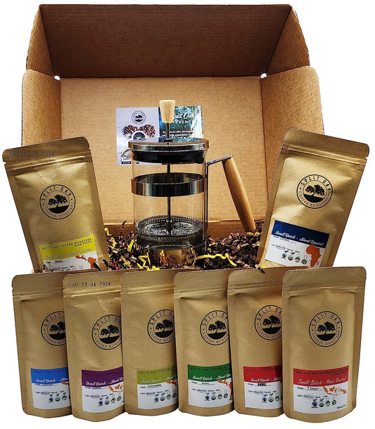Coffee Gift Box Set 8 Assorted Coffees 2oz plus1 French Press Stainless Steel Glass Coffee Maker. Amazing coffees from all over the world
