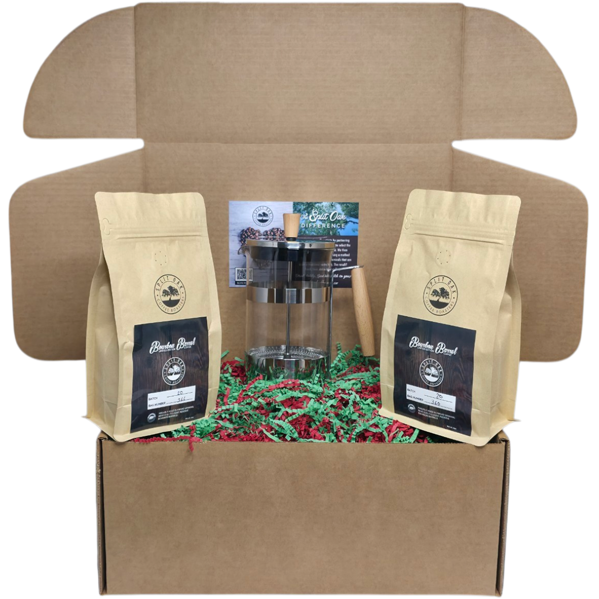Coffee Gift Box Set - 2 Organic Bourbon Barrel Coffee + French Press
