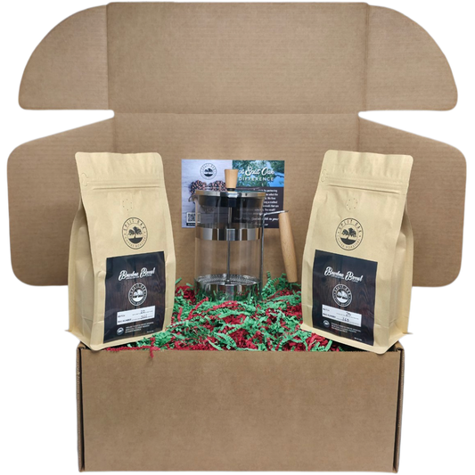 Coffee Gift Box Set - 2 Organic Bourbon Barrel Coffee + French Press