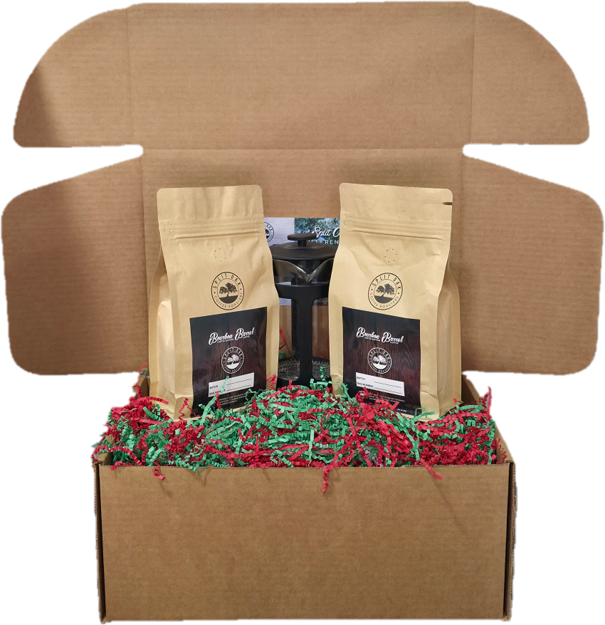 Coffee Gift Box Set - 2 Organic Bourbon Barrel Coffee + French Press