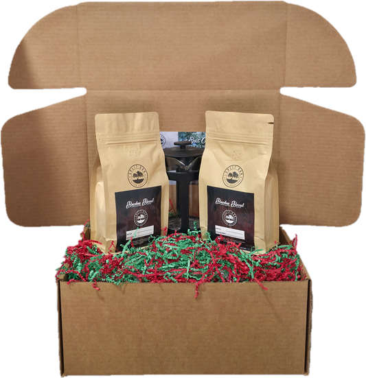Coffee Gift Box Set - 2 Organic Bourbon Barrel Coffee + French Press