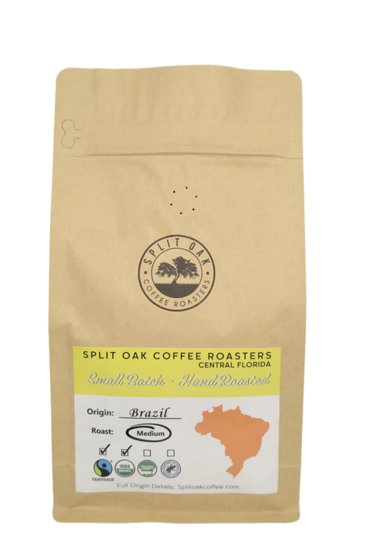 Medium Roasted Coffee Brazil Cerrado Whole Beans with a deep, nutty flavor and hints of almond and cocoa.