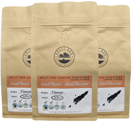 3 Pack Organic Timor Roasted Whole Coffee Beans, Medium Roasted Coffee, Syrupy Notes, Dark chocolate, Small Batches, Fair Trade