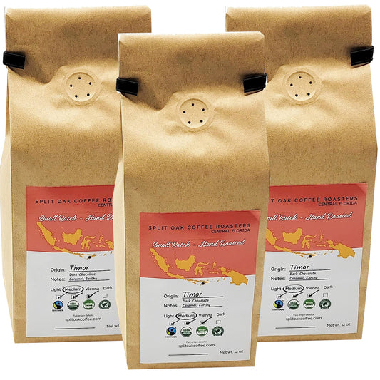 3 Pack Organic Timor Roasted Whole Coffee Beans 12oz, Medium Roasted Coffee, Syrupy Notes, Dark chocolate, Small Batches, Fair Trade