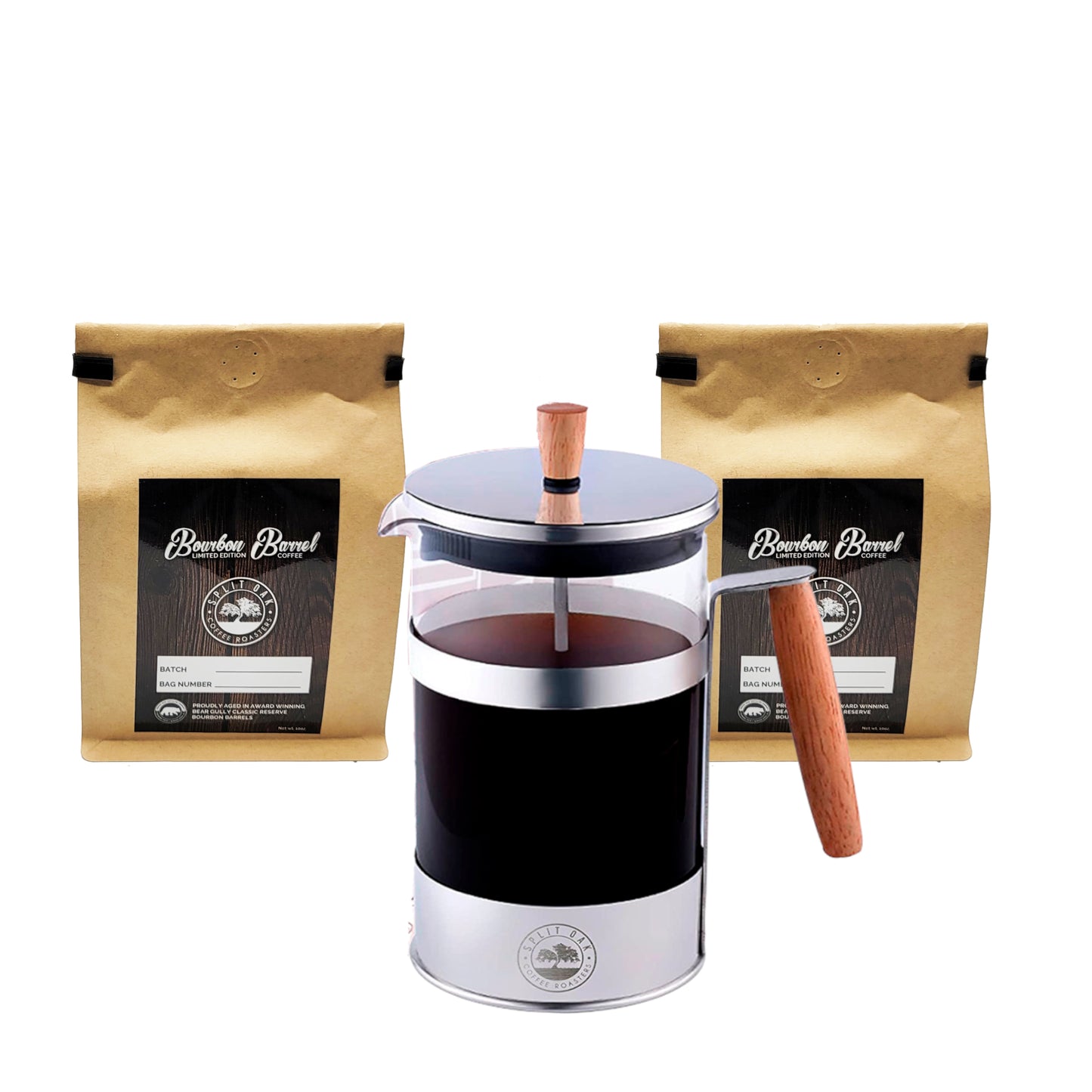 Coffee Gift Box Set -2 Organic Bourbon Barrel Coffee + French Press