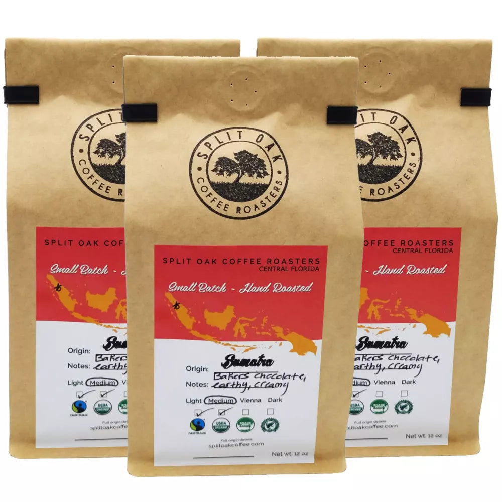 3 Pack Organic Sumatra Coffee, Medium Roast Chocolate , Hand Roasted 12 Oz, Whole Beans, Indonesian Coffee, Fair Trade Certified